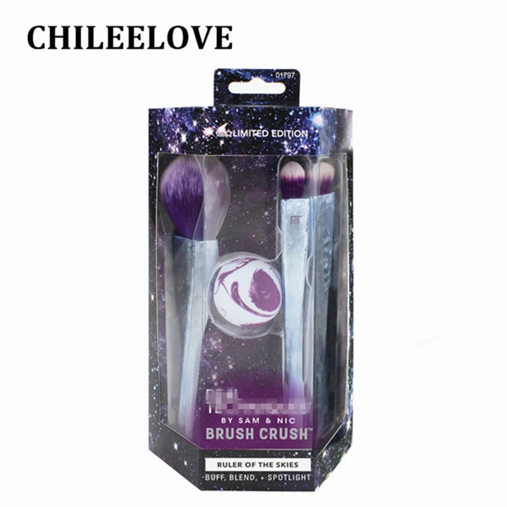 

CHILEELOVE 3 Pieces + 1 Puff Real Limited Edition Makeup Brushes Kit with Retail Box for Eye Shadow Foundation Powder Brush