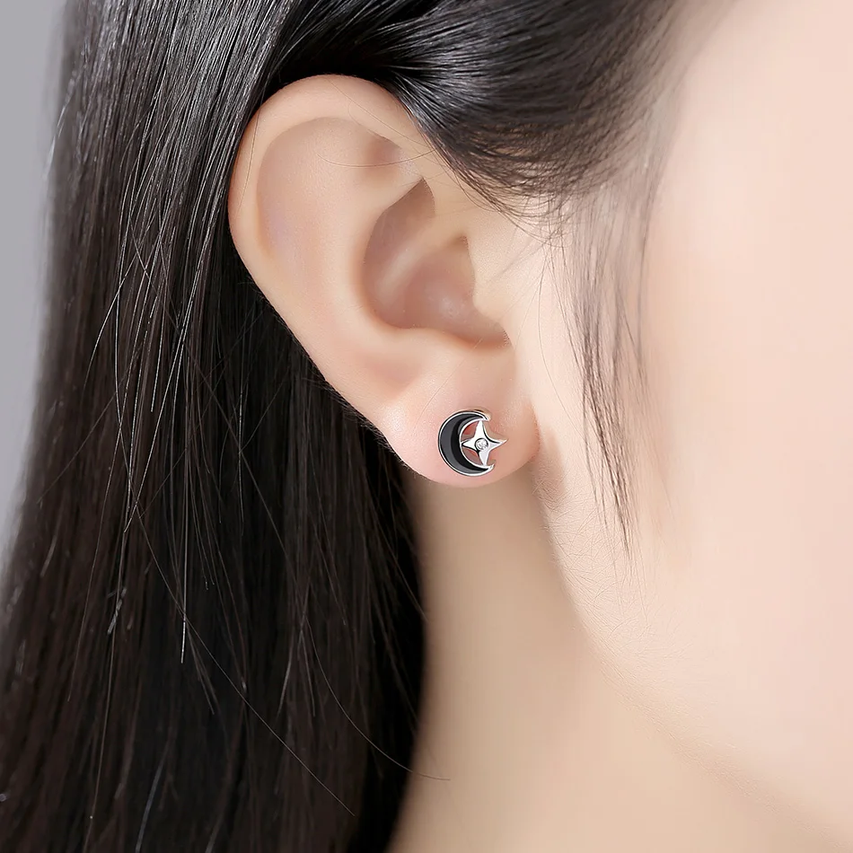 ELESHE Romantic Black Enamel Moon Star 925 Sterling Silver Stud Earrings for Women Vintage Jewelry Accessories Party Gift
