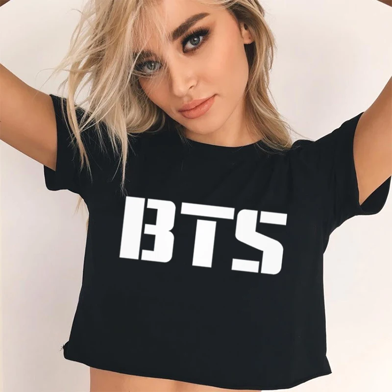 2018 Women New Fashion BTS Letter Harajuku Print Tank Top Black Crop
