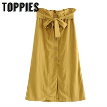 Женская однобортная желтая длинная юбка с поясом, высокая талия, трапециевидная юбка в Корейском стиле, милая Однотонная юбка с оборками