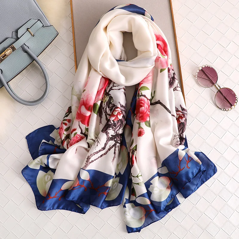 

Silk Scarf for Ladies Flower Print Sprint Summer Pahmina Scarfs Elegant Beach Shawls and Wraps Foulard Female Hijab 2019 New