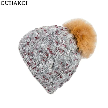 

CUHAKCI Hot Sale Wool Skullies Knitted Stripes Women Hat Acrylic Fur Beanies Weave Spring Female Casual High Quality Winter Caps