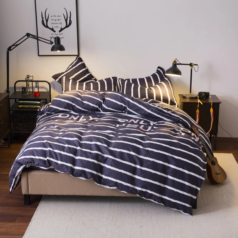 

1 Bedding Sets Simple Color Lake Blue Striped Bed Sheet Duver Quilt Cover Pillowcase Soft Silver Gray King Queen Full Twin