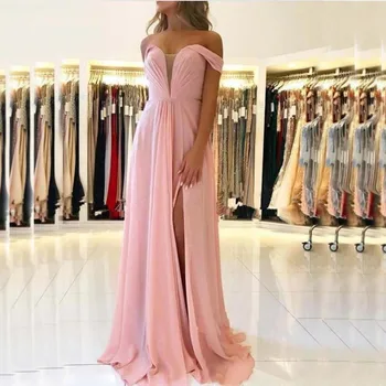 

Sexy Side Split Prom Dresses Chiffon Party Gown Back Lace Up Long Evening Dresses A-line Custom Robe De Soiree Off The Shoulder
