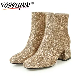 

TASSLYNN 2018 Women Boots Sequins Bling Ankle Boots High Heels Zipper Autumn Shoes Square Toe Fashion Ladies Boots Size 34-43