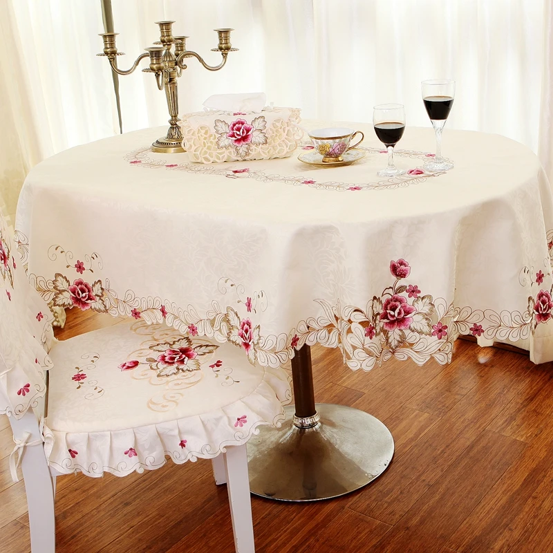

Europe Polyester Satin Jacquard Embroidery Floral Tablecloth Solid Color Embroidered Table Linen Cloth towel Cover Overlay