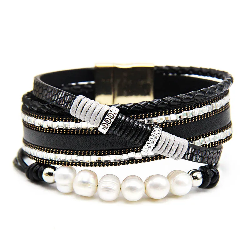 ZG pu кожаный жемчужный женский браслет в 3 цветах богемные женские ювелирные изделия жемчужный браслет и браслет - Окраска металла: black