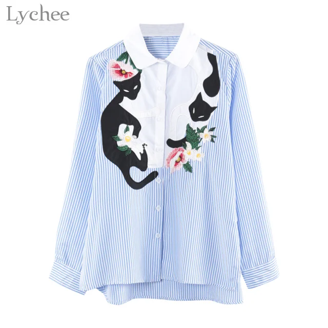 Lychee Mori Girl Women Blouse Cat Flower Embroidery Stripe Casual Loose Long Sleeve Spring Autumn Shirt Tops 1