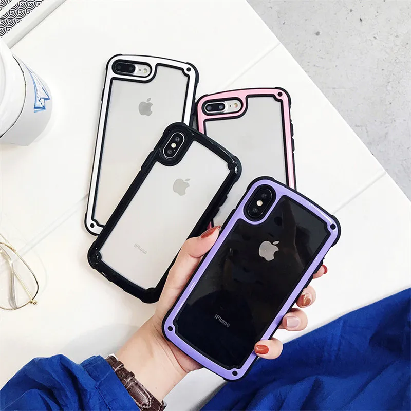 

For iPhone XR X XS MAX Candy Color Acrylic Border Frame Jelly Soft Case Transparent PC Clear Back Cover For iPhone 7 8 6 6S Plus