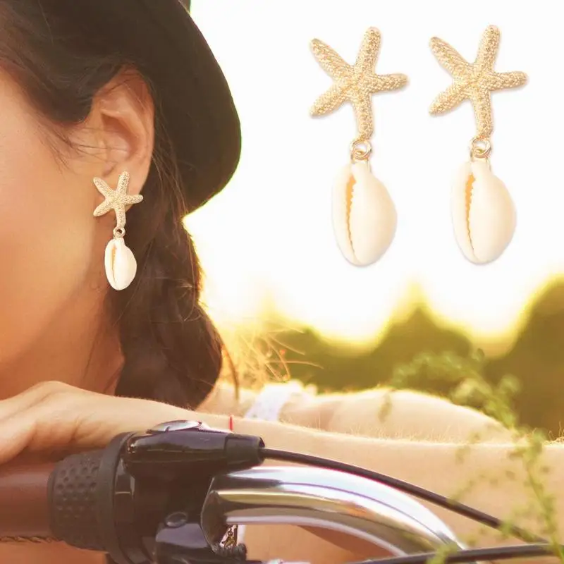 

4pairs/set Boho Pearl Sea Star Shell Dangle Ear Stud Women Earrings Jewelry Personality Mermaid Star Shell Pendant Ear Clip