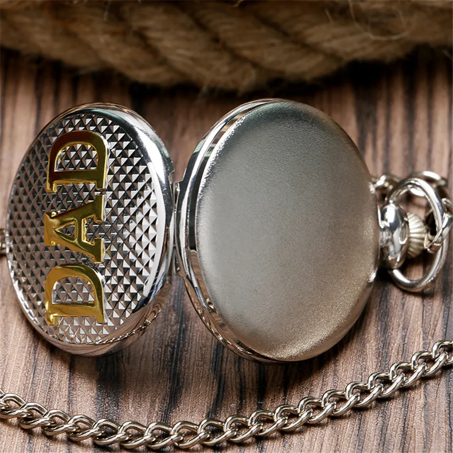 Silver Exquisite Plaid Golden DAD Carving Watches Mens Quartz Pocket Watch Pendant Thick Chain Father's Day Gifts (10)