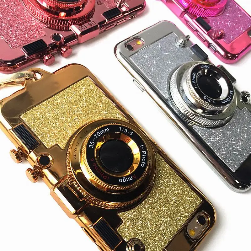 

Luxury Plating Phone Case For iPhone X 10 8 7 Plus Hybird TPU 3D Camera Pattern Kickstand Mirror Back Cover For iPhone 6 6s Plus