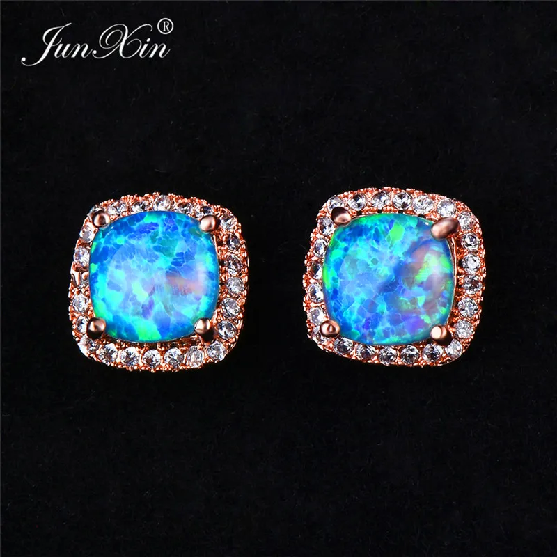 Boho Women Ladies White Fire Opal Earrings Rose Gold Filled Jewelry Vintage Double Zircon Wedding Stud Earrings
