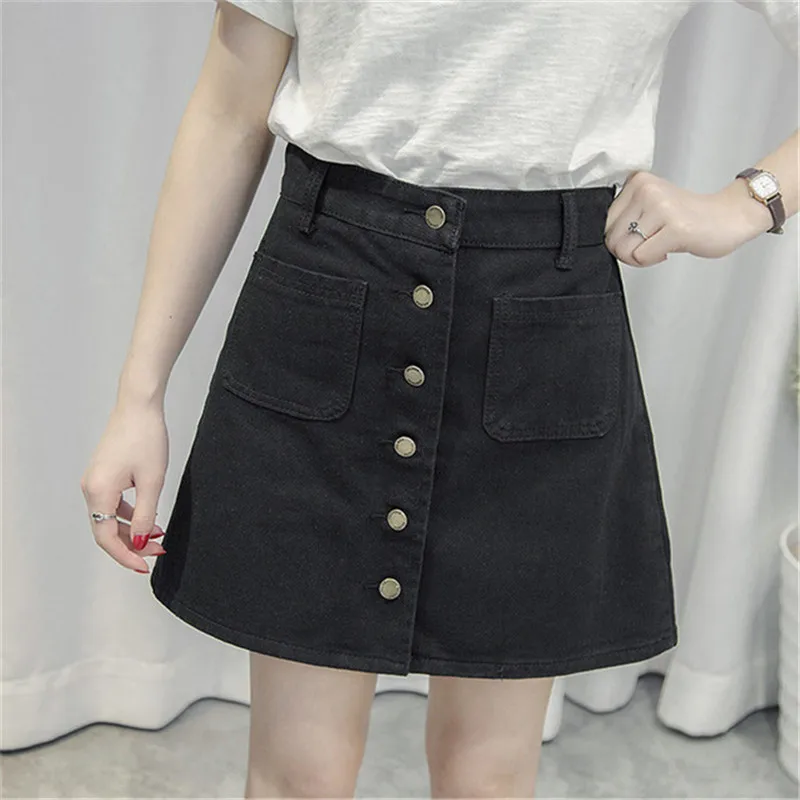 

Girls Single-breasted Button Empire Fashion Solid Jeans Skirts Female New 2018 Summer A-Line Denim Mini Casual Skirt