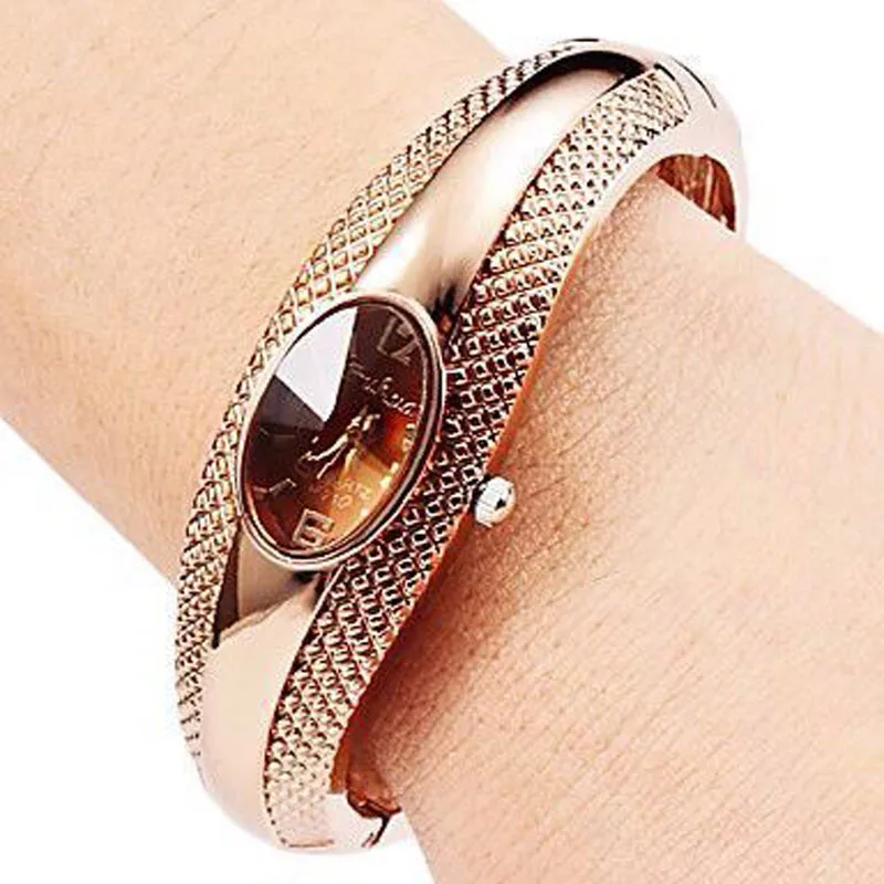 Fashion Golden Oval Quartz Watch Lady Cuff Bangle Bracelet Wristwatch Luxury Women Bracelet