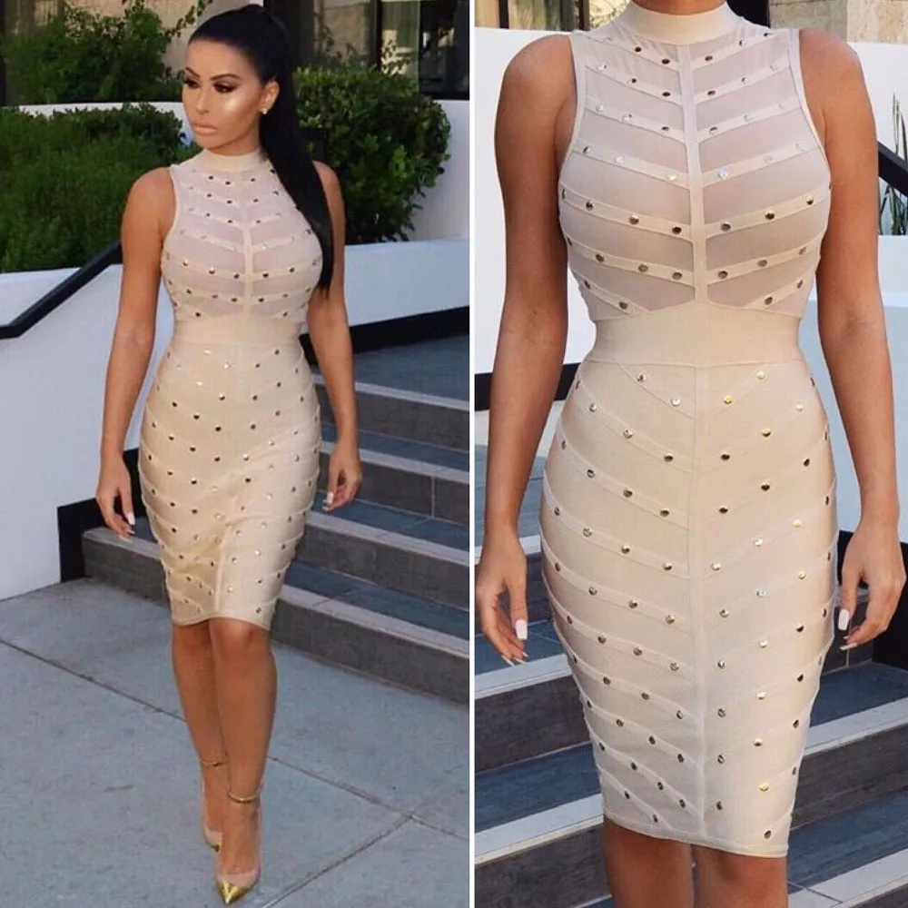 

5 Colors Top Qulaity Sleeveless Red Black Hollow Out Knee Length Rayon Sexy Bandage Dress Party Sheath Dress