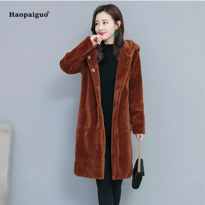 

Plus Size Solid Modis Autumn Winter 2018 Women Faux Fur Black Hoodie Casual Loose Cashmere Long Coat Style Ladies Outwear Coats