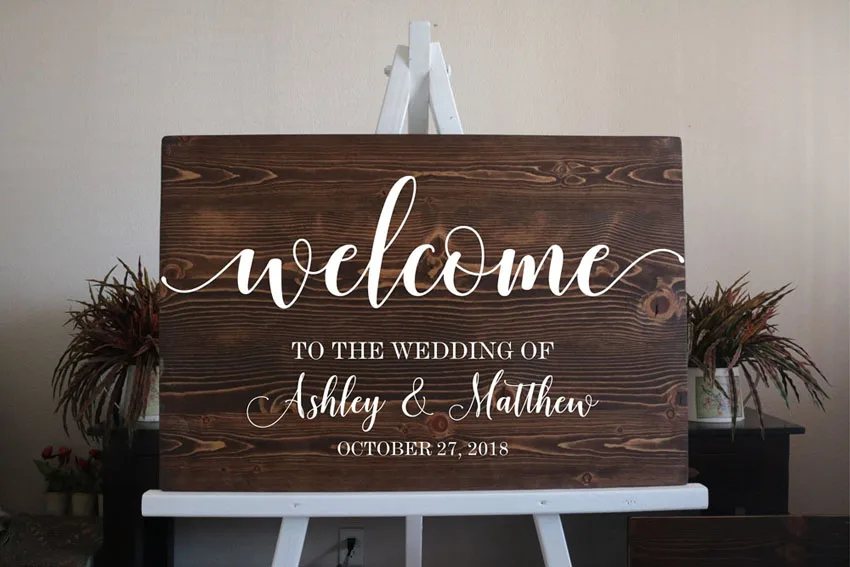 

Custom Wood Welcome Wedding Sign Decal Sticker Personalized Names Date Decal Rustic Wedding Decoration Sticker Board Mirror N004