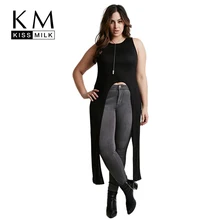 Kissmilk/большие размеры, Новая модная женская одежда, черные топы без рукавов с длинным разрезом на подоле, однотонные сексуальные футболки большого размера 3XL 4XL 5XL 6XL