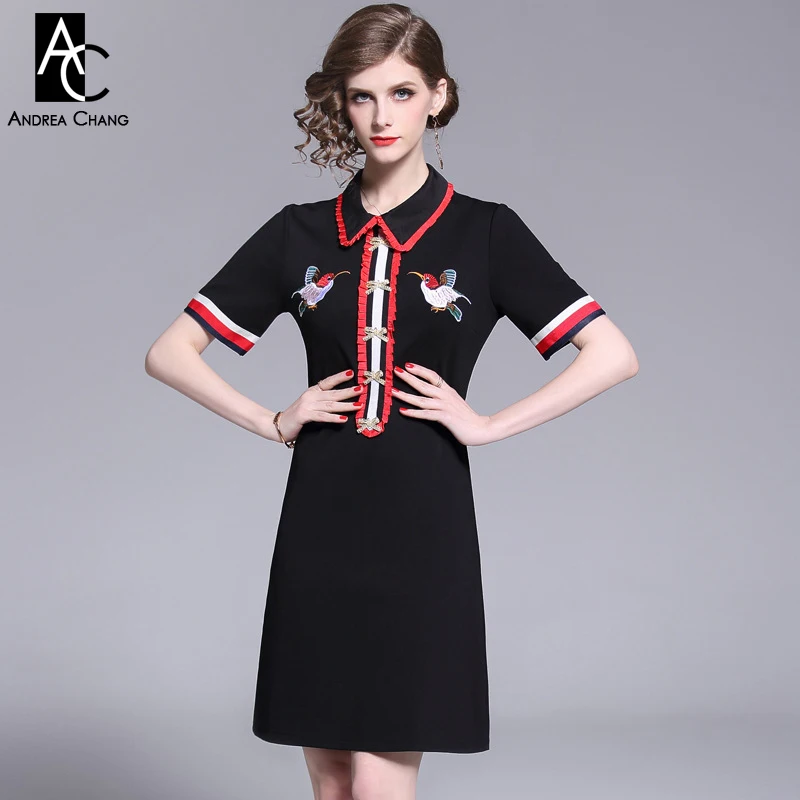 

spring summer woman dress bird pattern embroidery chest black dress red border a-line above knee fashion vintage cute mini dress