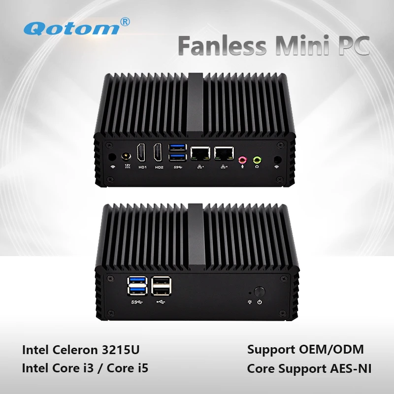 Qotom-q400s-s08 безвентиляторный Мини-ПК двойной Gigabit LAN с Celeron/Core i3/i5 процессор QOTOM маленьких компьютер крошечный Настольный ПК