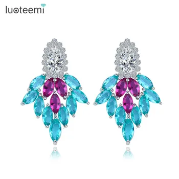 

LUOTEEMI White Gold-Color New Bohemia Stylish Leaf Shape-Colorful Marquise Cut CZ Stud Earring For Women Fashion Christmas Gift