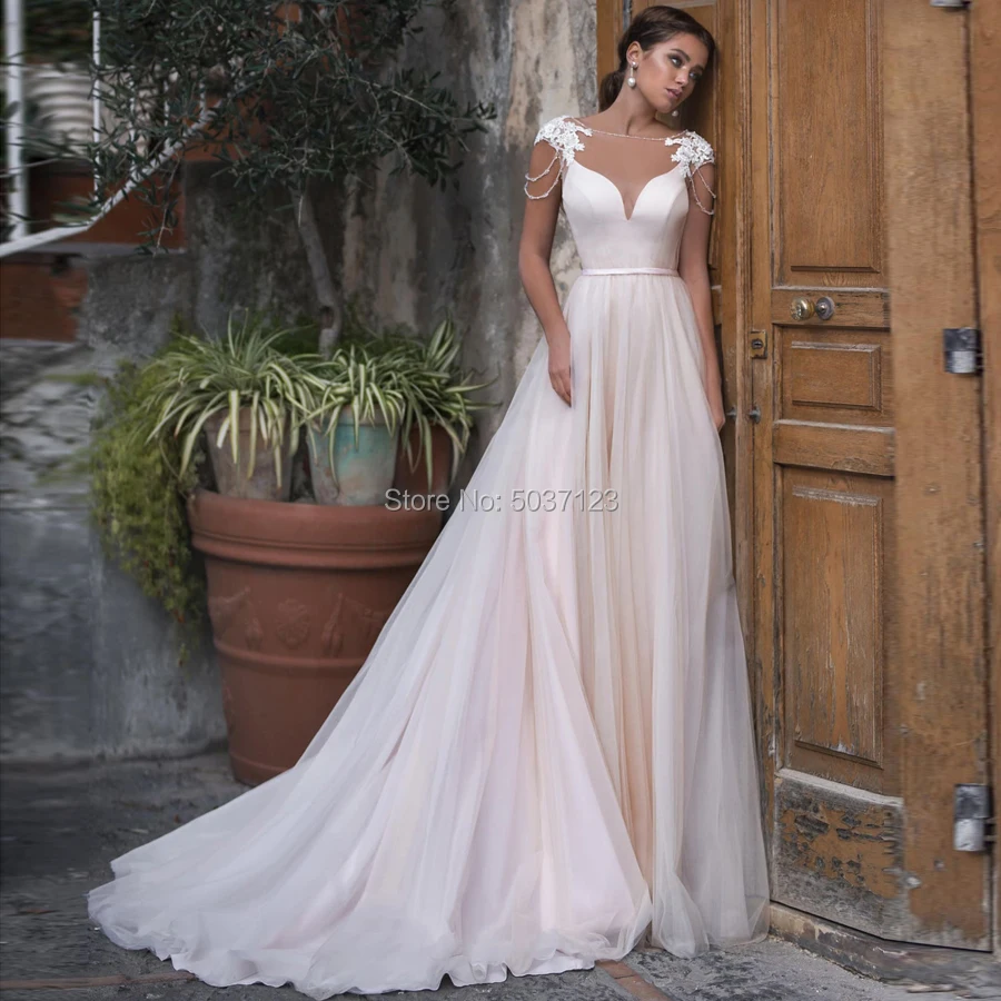 

Tulle A Line Wedding Dresses Vestido De Noiva Cap Sleeves Lace Appliques Beading Scoop Open Back Bridal Wedding Gown Mariage