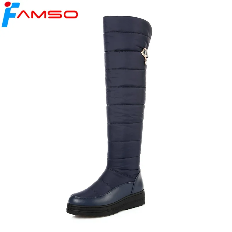 

FAMSO 2018 Big Size34-43 Shoes Women Boots black bluer Zipper Rhinestone Boots Winter Over The knee Snow Boots Fur Warm SBT4603