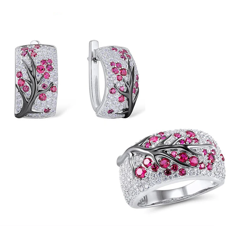 Роскошные серебряные цветы сливы ветка дерева завод серьги-гвоздики с рисунком цветения вымощенные красные зеленые стразы серьги Z3E782