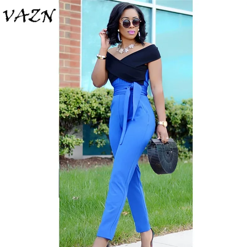 

VAZN 2018 Hot Sale Exotic Designer Casual Style Women Jumpsuit Slash Neck Short Sleeve Belt Bodycon Romper B9102