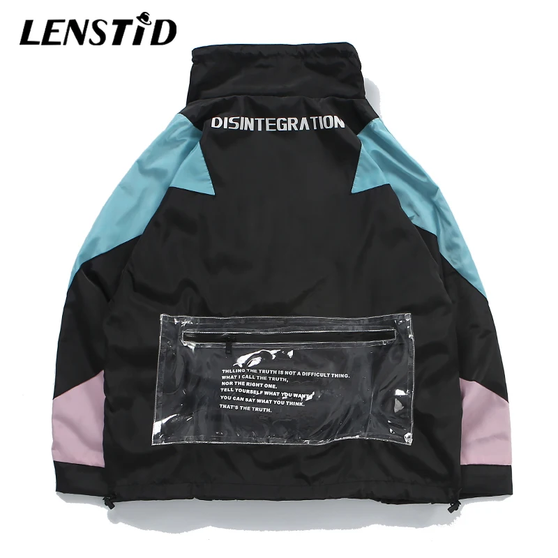 LENSTID Harajuku Jacket Men Hip Hop Streetwear Retro Jacket Windbreaker Pocket Autumn 2019 Vintage Color Block Track Jacket Coat