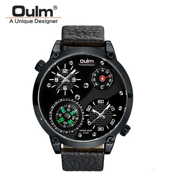 

Oulm 3707 Watches Men Quartz Casual Leather Strap Wristwatch Sports 2 Time Zone Army Military Thermometer Male Watch Clock Men's