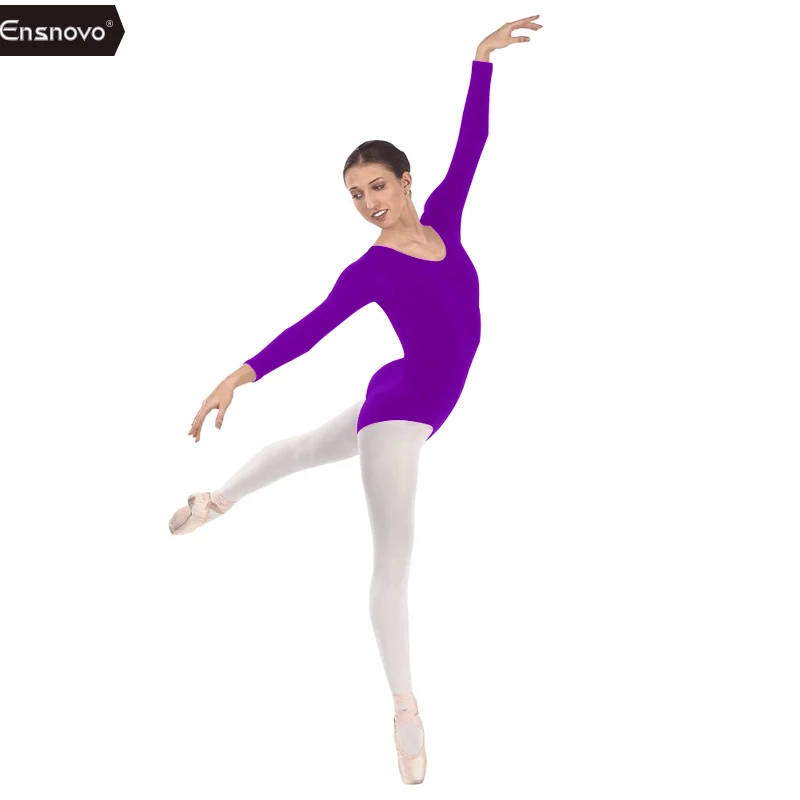 Ensnovo, женское трико, белое, с длинным рукавом, гимнастический купальник, для взрослых, для балета, танцевальные костюмы, Justaucorps, на заказ, кожа, танцевальный костюм - Цвет: Violet