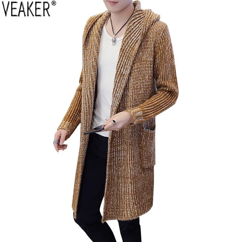 2018 الخريف الشتاء جديد الرجال طويلة Sweatercoat بلون طويلة الأكمام مقنعين سترة معطف قميص الرجال عارضة سترة سترة