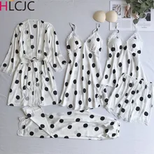 Для женщин сексуальная Шелковая пижама комплекты бретели элегантный дизайн кружева вышитый купальный халат женский атласная милые платья для кукол 5 штук