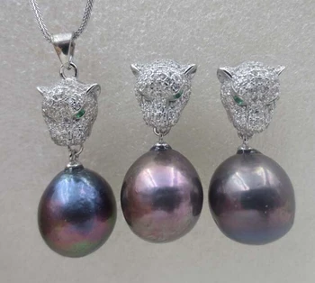 

leopard head eyes 11-12mm black pearl necklace sets