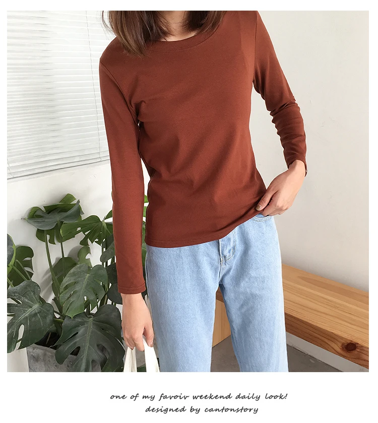 Jielur 5 Solid Color Hipster Long Sleeve Tshirt Women White O Neck Basic Tshirt Feminina Simple Korean Style Vetement Femme