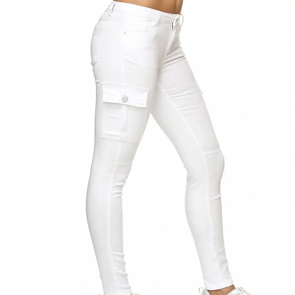 Новые однотонные Цвет Для женщин Высокая Талия карго штаны длинные джинсы джинсовые узкие брюки, леггинсы