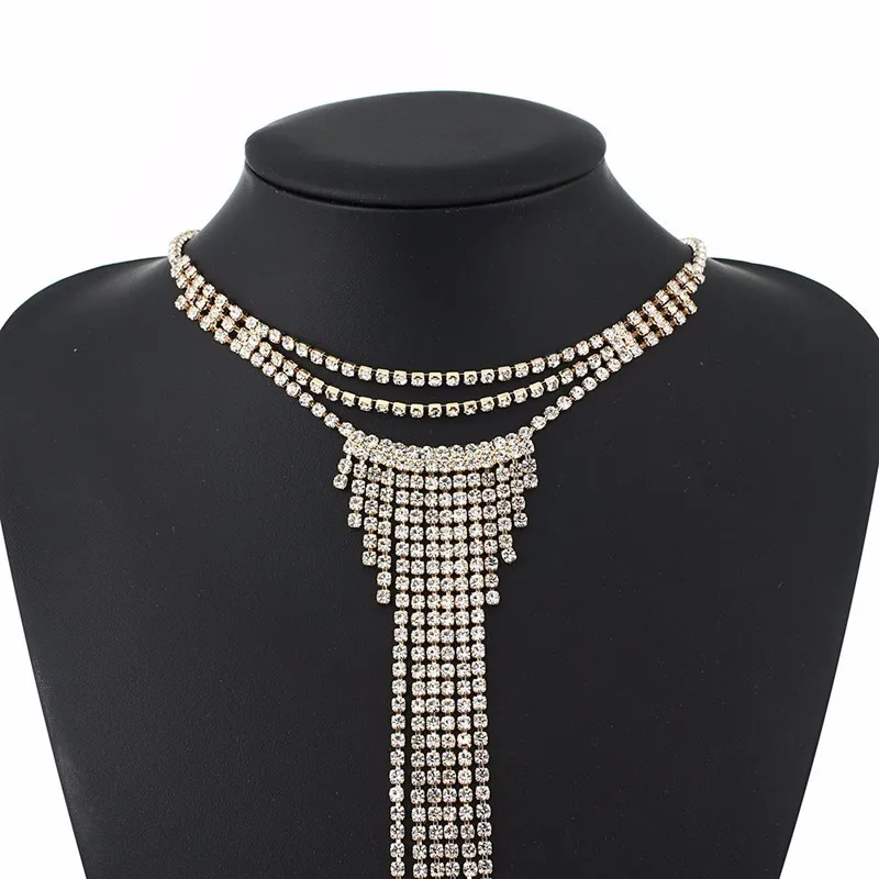 Ретро Длинные кисточкой Rhinestone Подвеска Цепочки и ожерелья Золото белый Цвет цепи