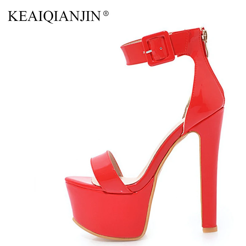 

KEAIQIANJIN Woman 16 CM Summer Black Peep Toe Sandals Fashion White High Heels Shoes Sexy Red Plus Size 33 43 Open Toe Sandals