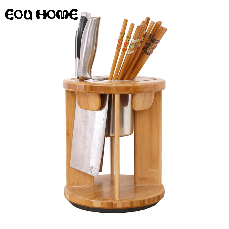 

Creative Bamboo Rotatable Knife Blocks Multifunctional Kitchen Accessories Chopsticks Storage Rack Tool Holder Stand Knife Rack