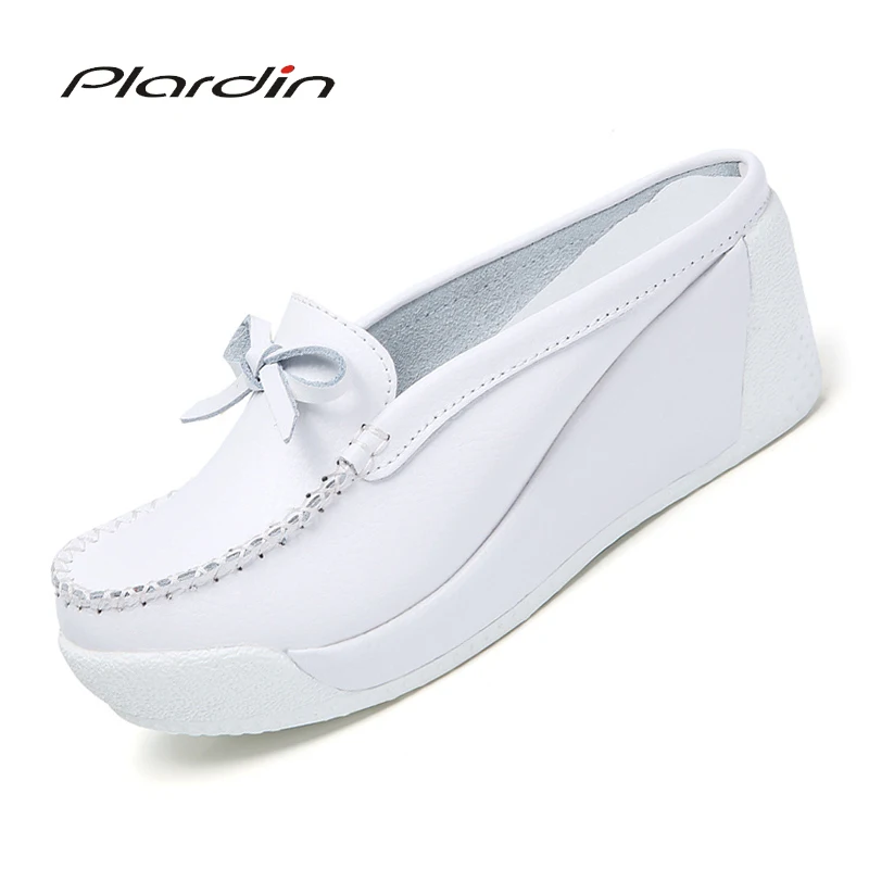 

Plardin New Women Platform Slipper Pattern Flats Breathable Leather Casual Shoes Slip-on Comfortable Butterfly-knot Nurses Shoes