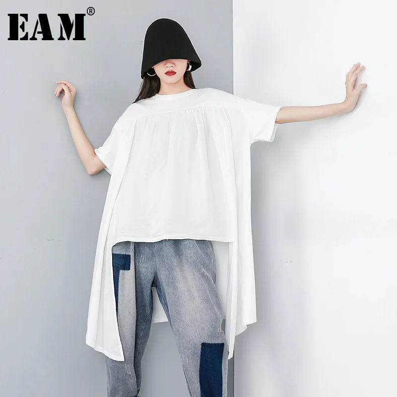 

[EAM] 2019 New Spring Summer Round Neck Short Sleeve Black Split Joint Irregular Hem Big Size T-shirt Women Fashion Tide JW095