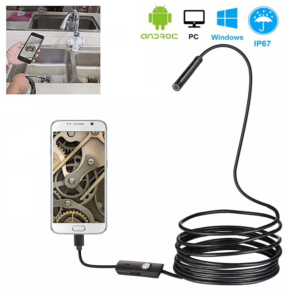 Водонепроницаемая камера эндоскоп для смартфона 7 мм 1/2/5 м гибкий кабель USB Windows