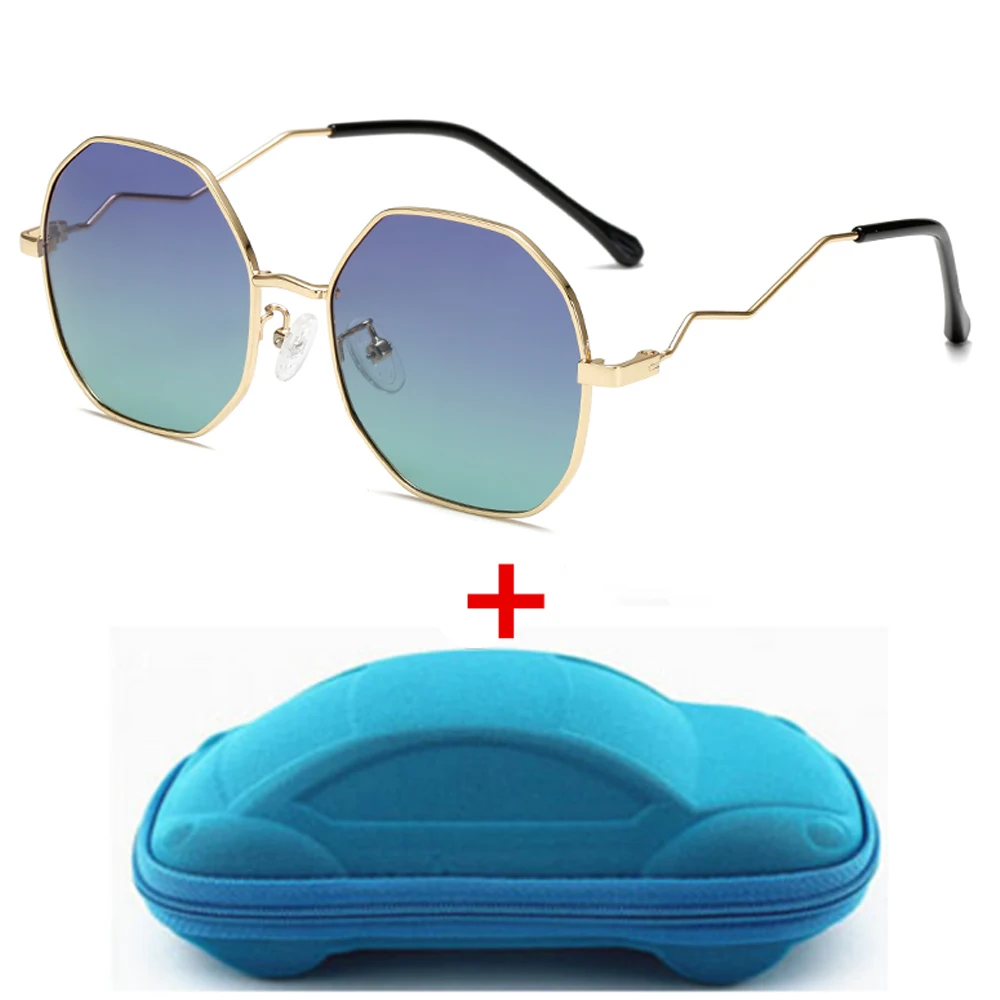 Blue Green lens Поляризованные металлические детские очки с футляром, брендовые дизайнерские модные солнцезащитные очки для мальчиков и девочек, дорожные очки с градиентом - Цвет линз: Blue Green lens