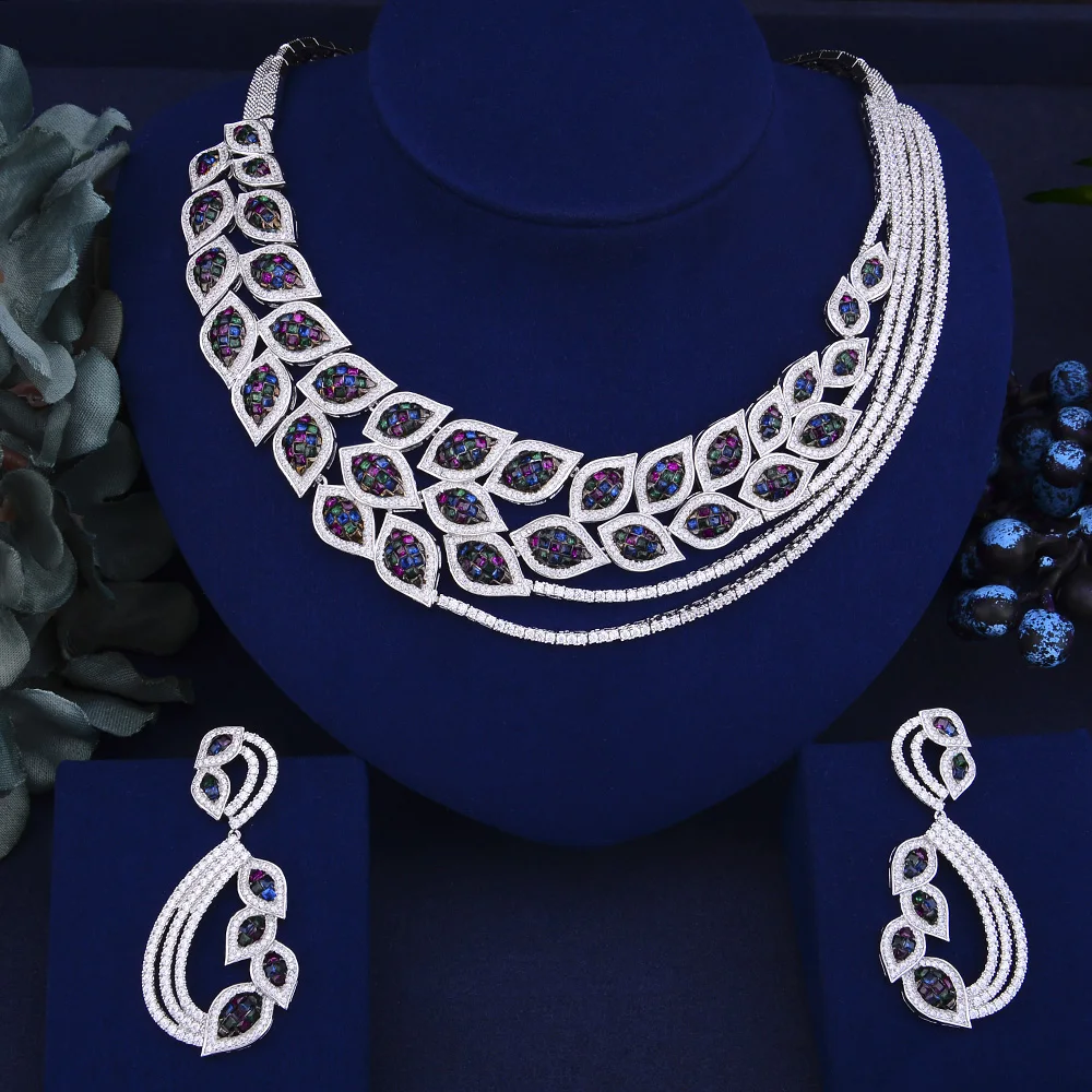 

Brand Geometric Pendant Full Micro Cubic Zirconia Paved Wedding Party Women Necklace Earrings New Trendy Accessories Jewelry