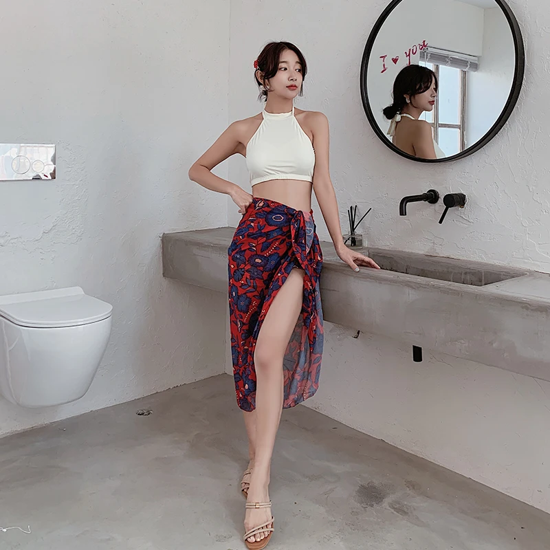 

Korean Swimsuit High Waist Three Pieces Tankini Set Sexy Sling Top Bathing Suit Printed Skirt Swimwear trajes de bano mujer