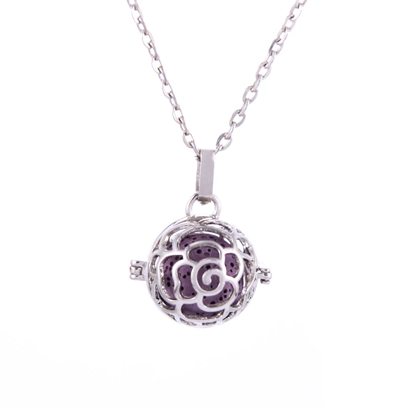 

Silver pattern Openable Openwork Pendant Necklace fit Volcanic Lava Stone Ball Women Aromatherapy Locket Cage Pendants Jewelry