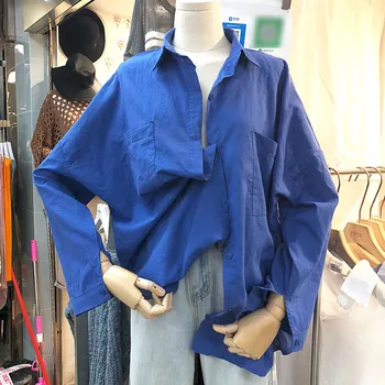 

Autumn Women Fashion Design Shirts Turn-Down Collar Long Sleeve Blue White Blouse Tops Casual Loose Elegant Office Ladies Blouse