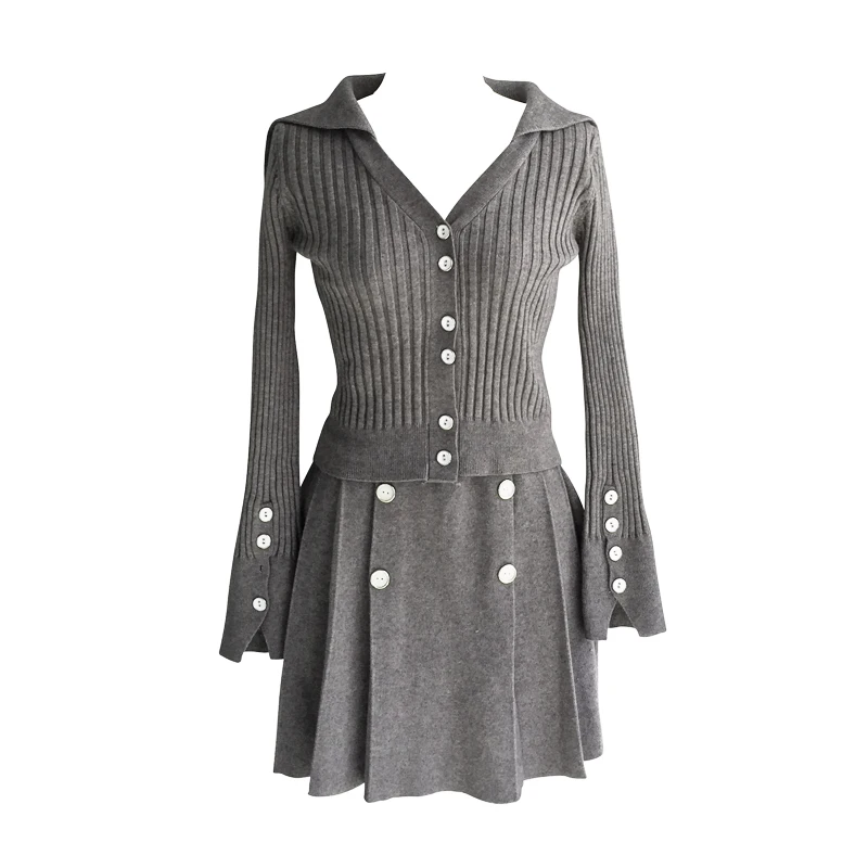 

PERHAPS U women long sleeve top sailor collar mini short pleat skirt set white gray knitted elastic waist 2 two pieces T0072